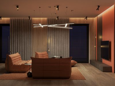 Współczesny salon i nowoczesne oświetlenie.