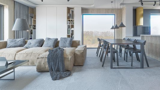 Jasny salon, apartament nad morzem.
